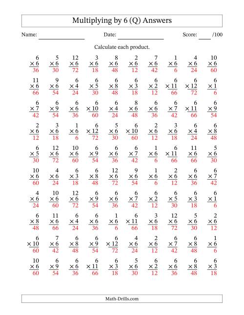 The Multiplying (1 to 12) by 6 (100 Questions) (Q) Math Worksheet Page 2