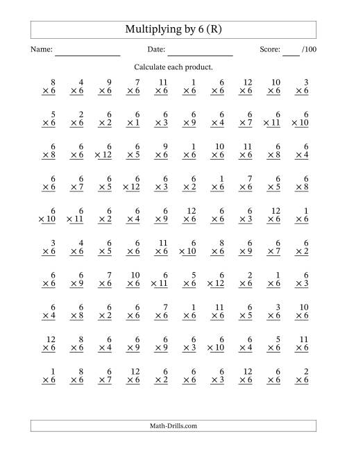 The Multiplying (1 to 12) by 6 (100 Questions) (R) Math Worksheet