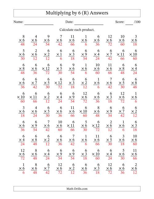 The Multiplying (1 to 12) by 6 (100 Questions) (R) Math Worksheet Page 2