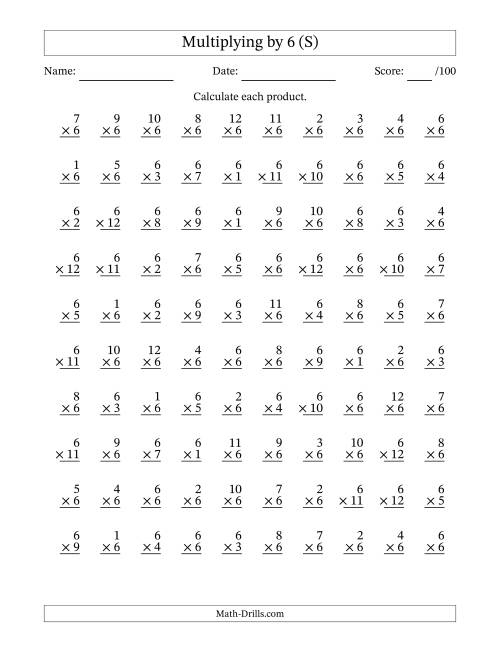 The Multiplying (1 to 12) by 6 (100 Questions) (S) Math Worksheet