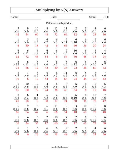 The Multiplying (1 to 12) by 6 (100 Questions) (S) Math Worksheet Page 2