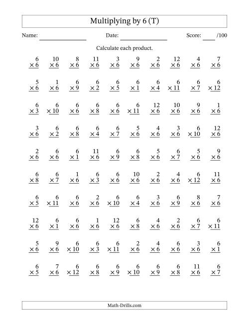 The Multiplying (1 to 12) by 6 (100 Questions) (T) Math Worksheet