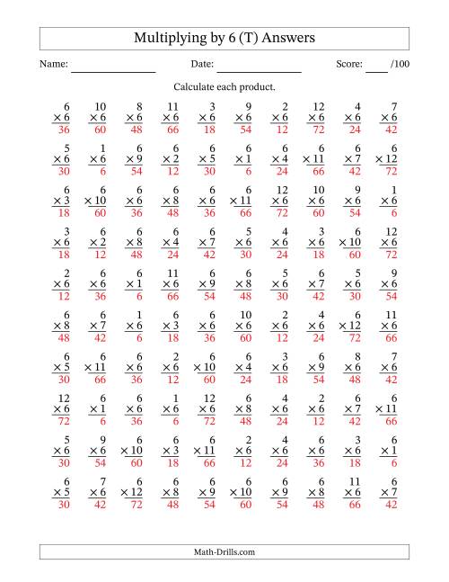 The Multiplying (1 to 12) by 6 (100 Questions) (T) Math Worksheet Page 2