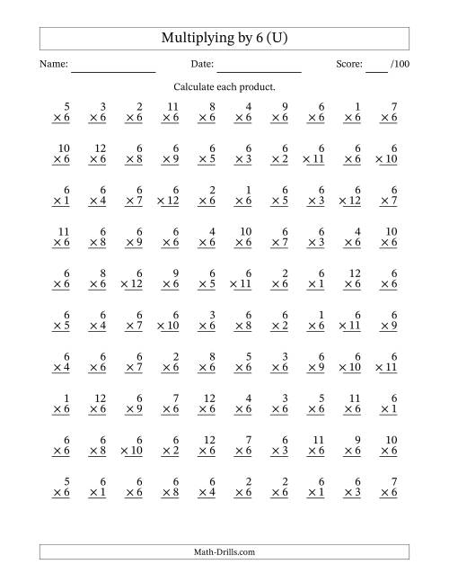The Multiplying (1 to 12) by 6 (100 Questions) (U) Math Worksheet