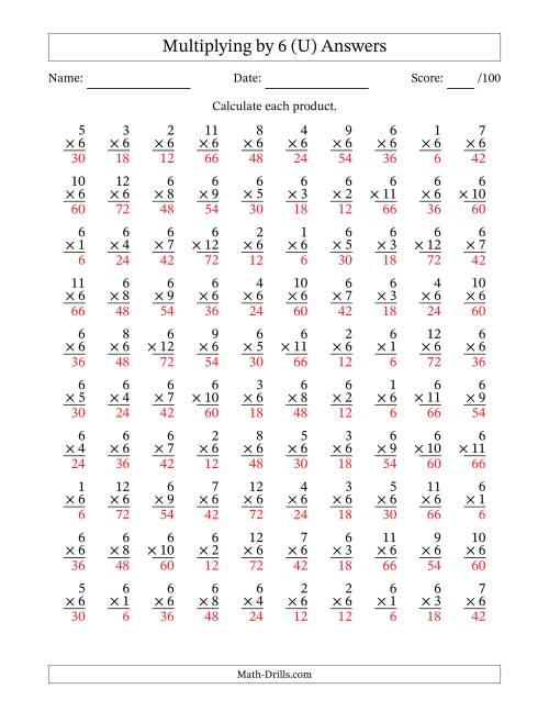 The Multiplying (1 to 12) by 6 (100 Questions) (U) Math Worksheet Page 2