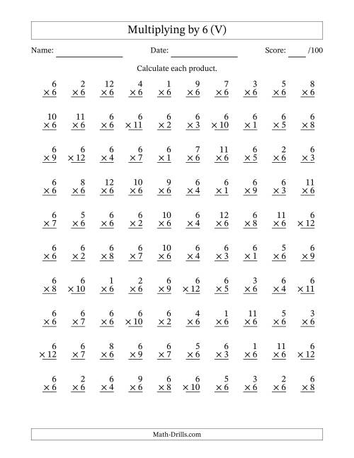 The Multiplying (1 to 12) by 6 (100 Questions) (V) Math Worksheet