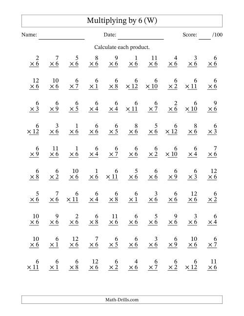 The Multiplying (1 to 12) by 6 (100 Questions) (W) Math Worksheet