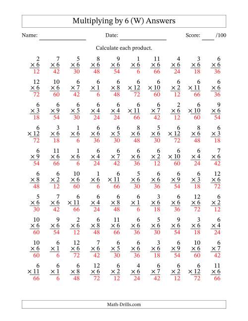 The Multiplying (1 to 12) by 6 (100 Questions) (W) Math Worksheet Page 2