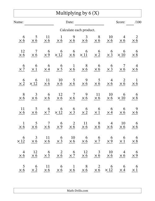 The Multiplying (1 to 12) by 6 (100 Questions) (X) Math Worksheet