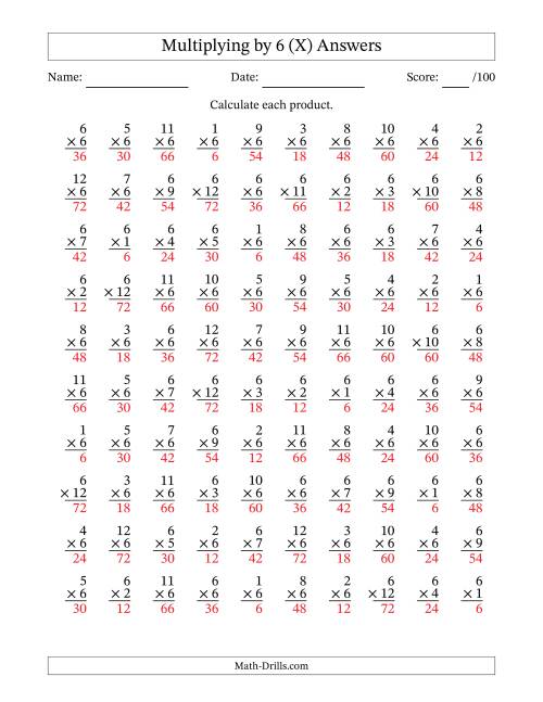 The Multiplying (1 to 12) by 6 (100 Questions) (X) Math Worksheet Page 2