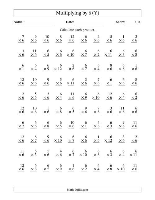 The Multiplying (1 to 12) by 6 (100 Questions) (Y) Math Worksheet