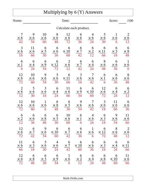 The Multiplying (1 to 12) by 6 (100 Questions) (Y) Math Worksheet Page 2