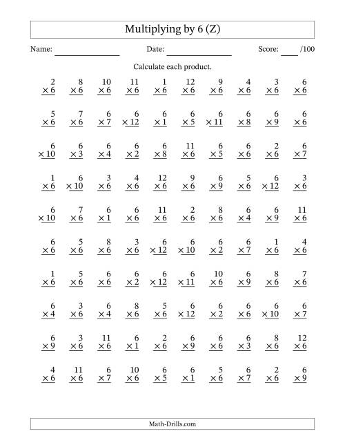 The Multiplying (1 to 12) by 6 (100 Questions) (Z) Math Worksheet