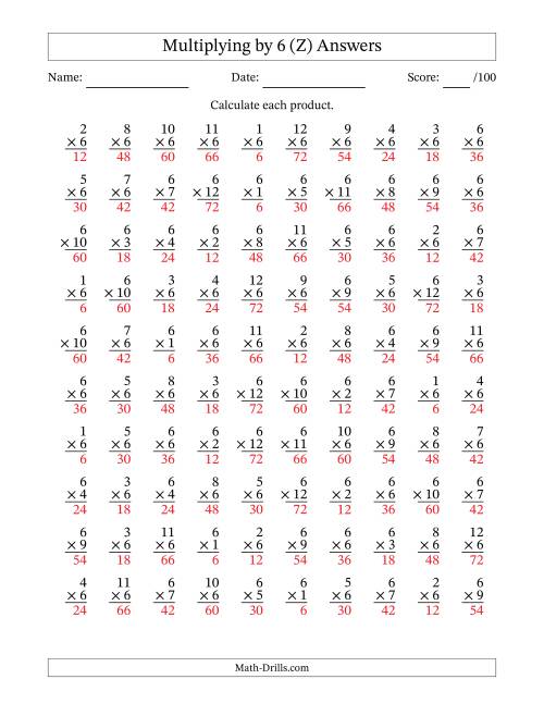 The Multiplying (1 to 12) by 6 (100 Questions) (Z) Math Worksheet Page 2