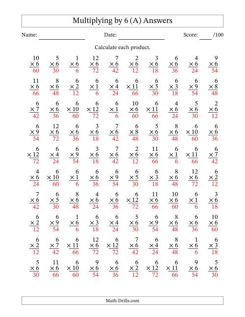The Multiplying (1 to 12) by 6 (100 Questions) (All) Math Worksheet Page 2