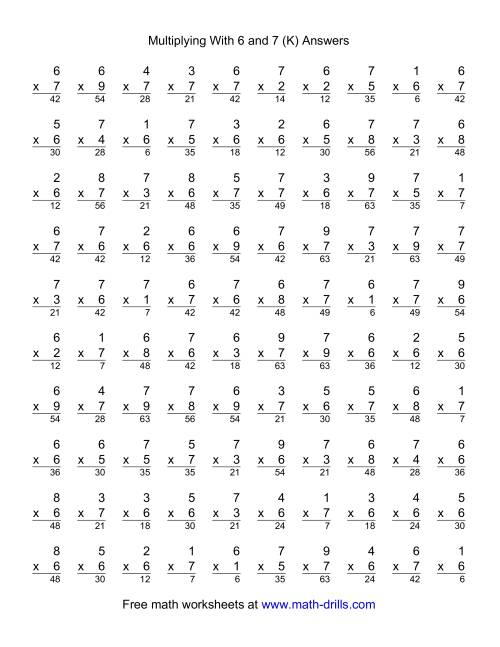 The 100 Vertical Questions -- Multiplication Facts -- 6-7 by 1-9 (K) Math Worksheet Page 2