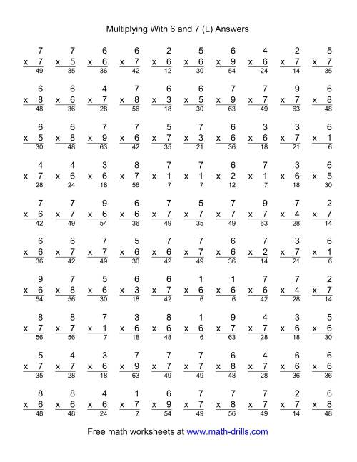 The 100 Vertical Questions -- Multiplication Facts -- 6-7 by 1-9 (L) Math Worksheet Page 2