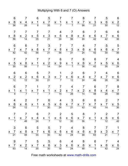 The 100 Vertical Questions -- Multiplication Facts -- 6-7 by 1-9 (O) Math Worksheet Page 2