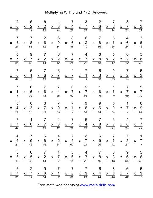 The 100 Vertical Questions -- Multiplication Facts -- 6-7 by 1-9 (Q) Math Worksheet Page 2