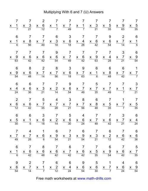 The 100 Vertical Questions -- Multiplication Facts -- 6-7 by 1-9 (U) Math Worksheet Page 2