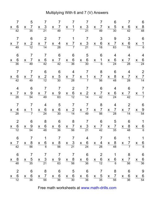The 100 Vertical Questions -- Multiplication Facts -- 6-7 by 1-9 (V) Math Worksheet Page 2