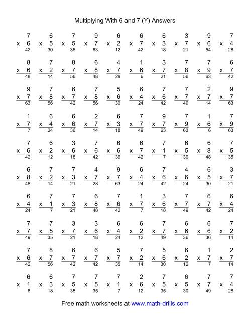 The 100 Vertical Questions -- Multiplication Facts -- 6-7 by 1-9 (Y) Math Worksheet Page 2
