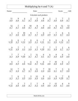 Multiplying (1 to 12) by 6 and 7 (100 Questions)