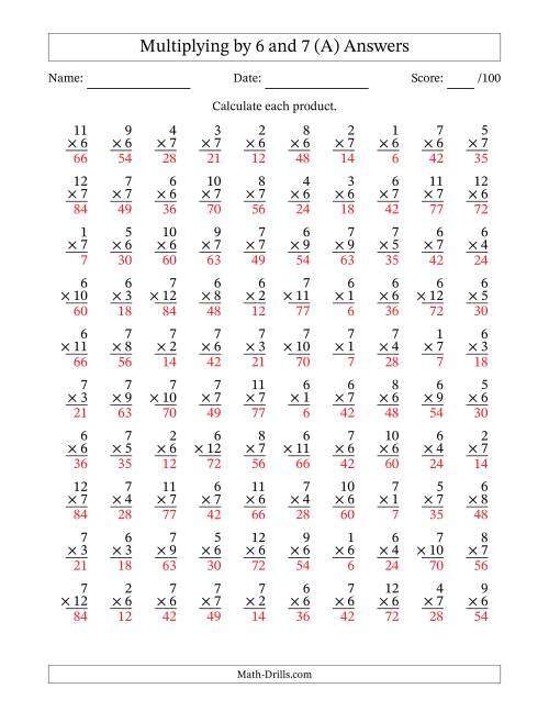The Multiplying (1 to 12) by 6 and 7 (100 Questions) (A) Math Worksheet Page 2