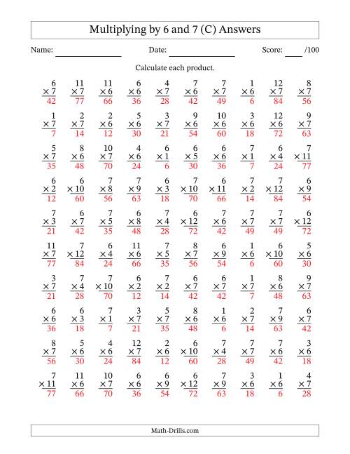 The Multiplying (1 to 12) by 6 and 7 (100 Questions) (C) Math Worksheet Page 2