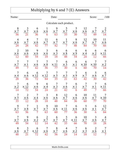 The Multiplying (1 to 12) by 6 and 7 (100 Questions) (E) Math Worksheet Page 2