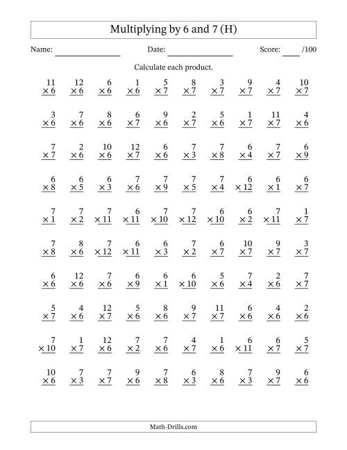 The Multiplying (1 to 12) by 6 and 7 (100 Questions) (H) Math Worksheet