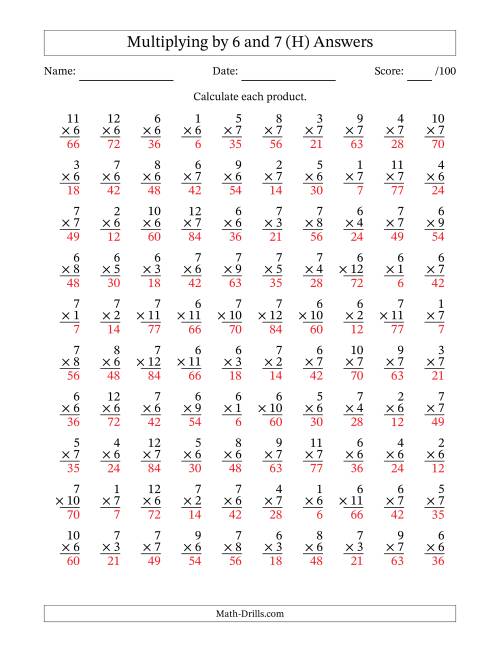 The Multiplying (1 to 12) by 6 and 7 (100 Questions) (H) Math Worksheet Page 2