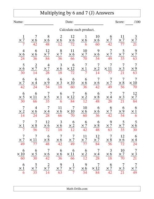 The Multiplying (1 to 12) by 6 and 7 (100 Questions) (J) Math Worksheet Page 2
