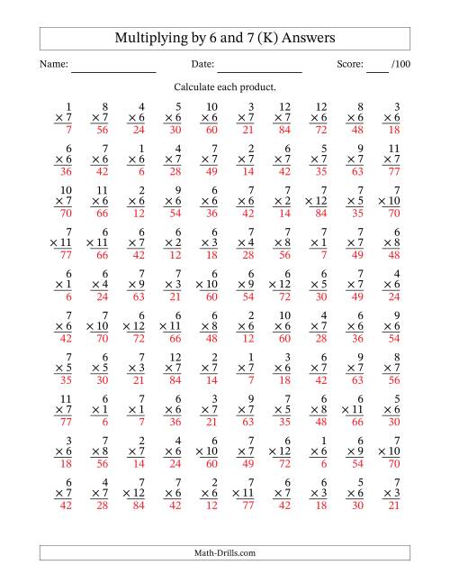 The Multiplying (1 to 12) by 6 and 7 (100 Questions) (K) Math Worksheet Page 2