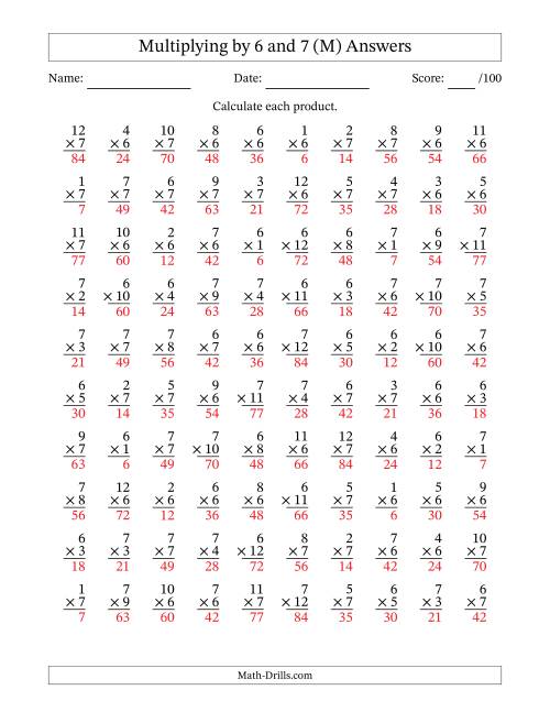 The Multiplying (1 to 12) by 6 and 7 (100 Questions) (M) Math Worksheet Page 2
