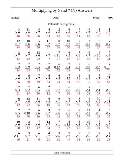The Multiplying (1 to 12) by 6 and 7 (100 Questions) (N) Math Worksheet Page 2
