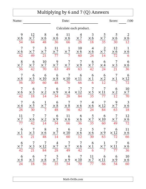 The Multiplying (1 to 12) by 6 and 7 (100 Questions) (Q) Math Worksheet Page 2