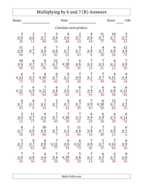 The Multiplying (1 to 12) by 6 and 7 (100 Questions) (R) Math Worksheet Page 2