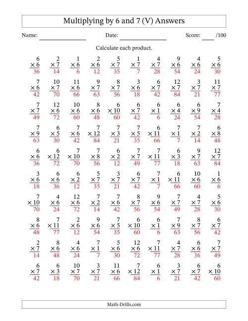 The Multiplying (1 to 12) by 6 and 7 (100 Questions) (V) Math Worksheet Page 2