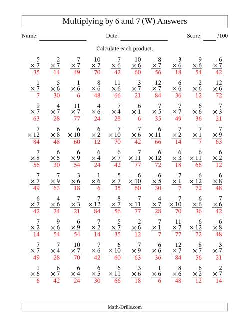 The Multiplying (1 to 12) by 6 and 7 (100 Questions) (W) Math Worksheet Page 2