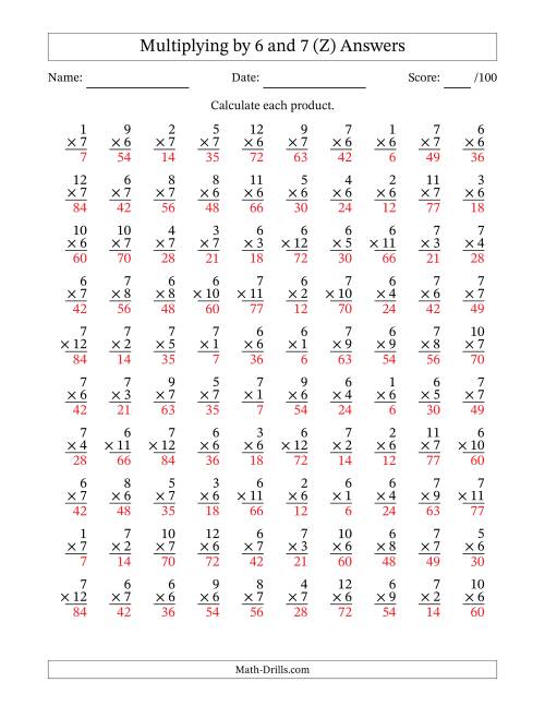 The Multiplying (1 to 12) by 6 and 7 (100 Questions) (Z) Math Worksheet Page 2