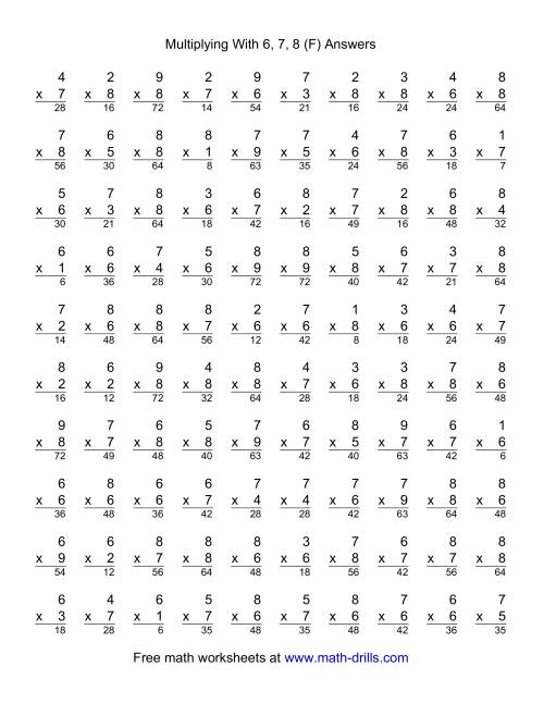 The 100 Vertical Questions -- Multiplication Facts -- 6-8 by 1-9 (F) Math Worksheet Page 2