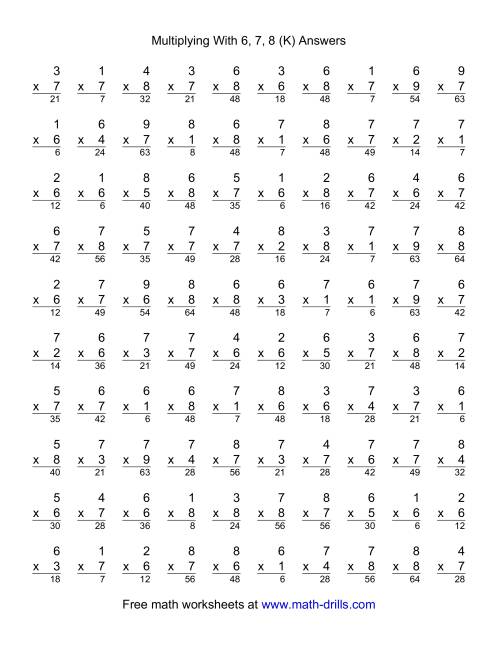 The 100 Vertical Questions -- Multiplication Facts -- 6-8 by 1-9 (K) Math Worksheet Page 2