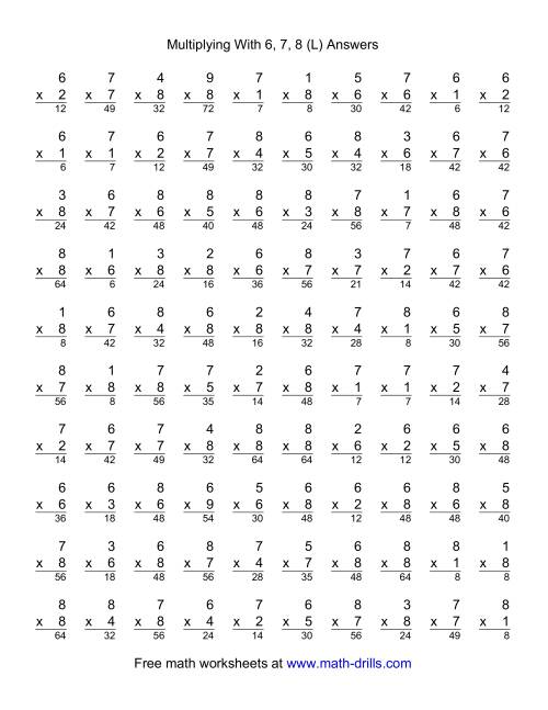 The 100 Vertical Questions -- Multiplication Facts -- 6-8 by 1-9 (L) Math Worksheet Page 2