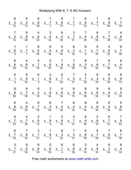 The 100 Vertical Questions -- Multiplication Facts -- 6-8 by 1-9 (M) Math Worksheet Page 2