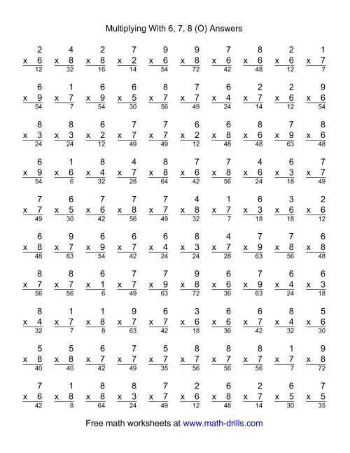 The 100 Vertical Questions -- Multiplication Facts -- 6-8 by 1-9 (O) Math Worksheet Page 2