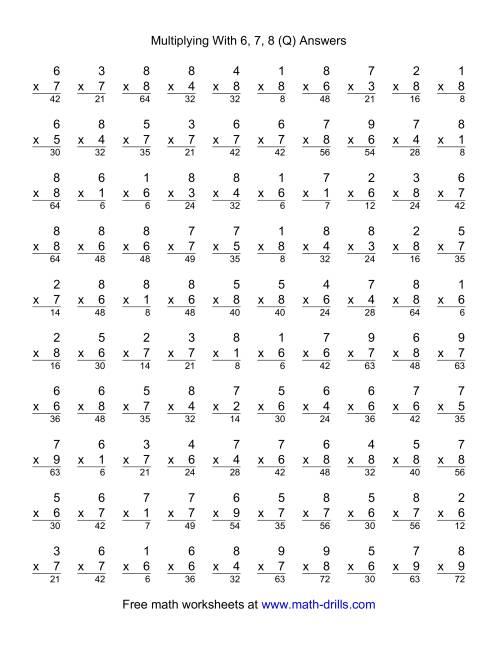 The 100 Vertical Questions -- Multiplication Facts -- 6-8 by 1-9 (Q) Math Worksheet Page 2