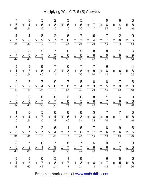 The 100 Vertical Questions -- Multiplication Facts -- 6-8 by 1-9 (R) Math Worksheet Page 2