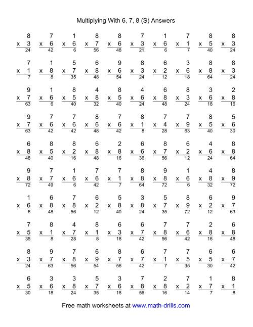 The 100 Vertical Questions -- Multiplication Facts -- 6-8 by 1-9 (S) Math Worksheet Page 2