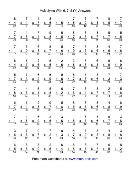 The 100 Vertical Questions -- Multiplication Facts -- 6-8 by 1-9 (Y) Math Worksheet Page 2